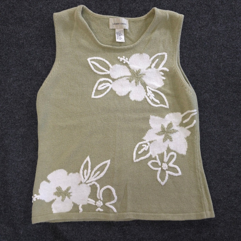 Lemon Grass Coastal Grandmother Hibiscus Floral Knit Vest XL Ramie Cotton Green